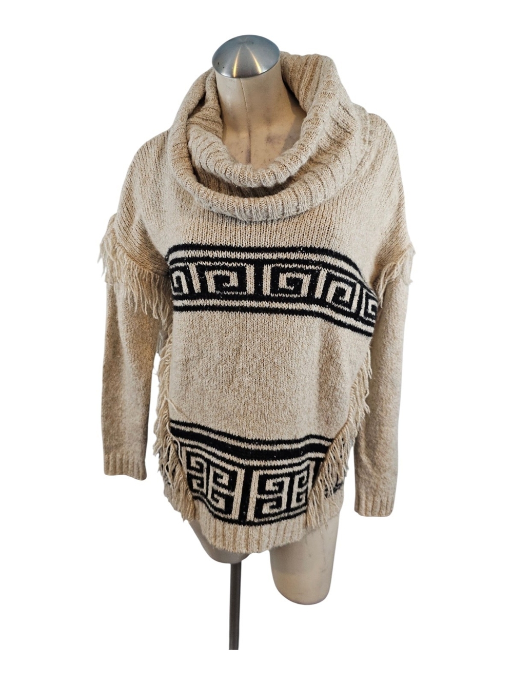 Kensie Fringe Knit Greek Key Tunic Sweater Size S